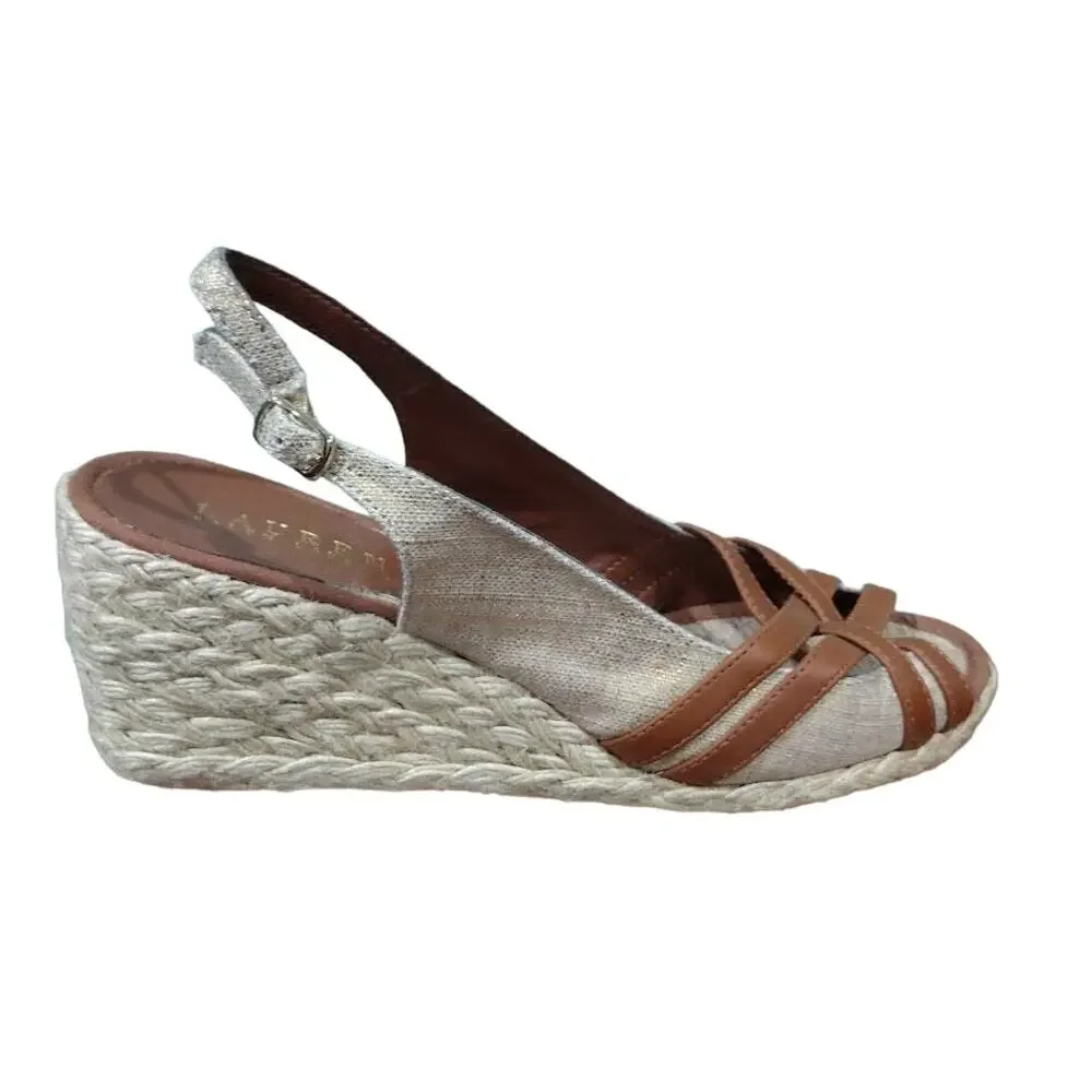 Lauren Ralph Lauren Espadrille‎ Sandals with Wedge Heels, Brown, Tan, Gold, Sz 9